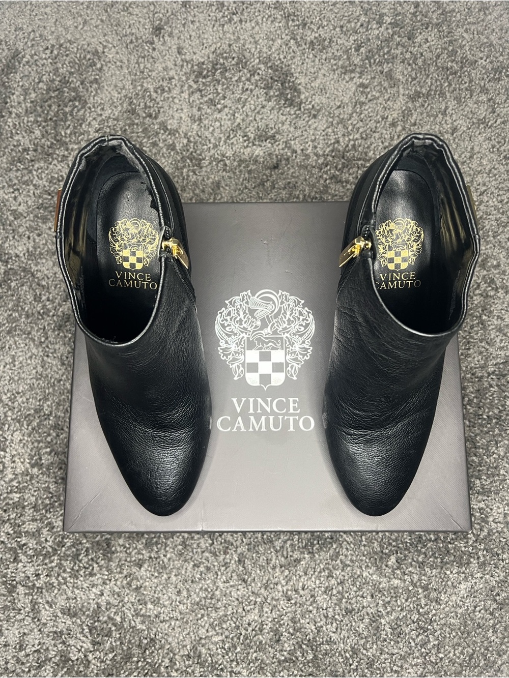 Vince Camuto Black Leather Ankle Booties with Gold Accent Zips